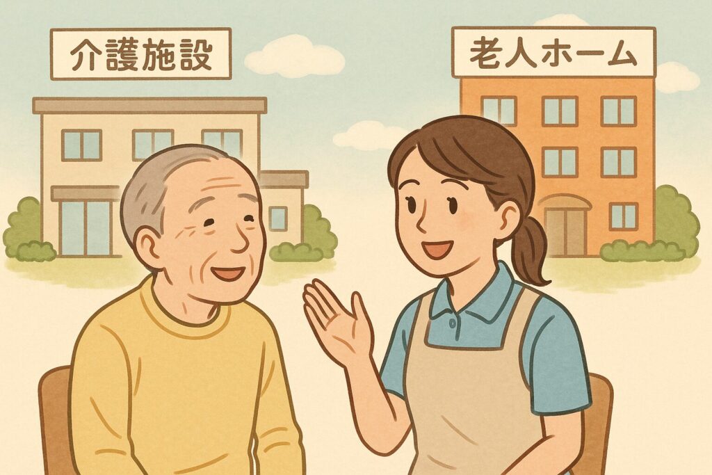 介護施設と老人ホームの前で、にこやかに会話する高齢男性と女性スタッフ。背景には「介護施設」と「老人ホーム」の看板が掲げられた建物が描かれている。暖かみのある手描き風のイラスト。