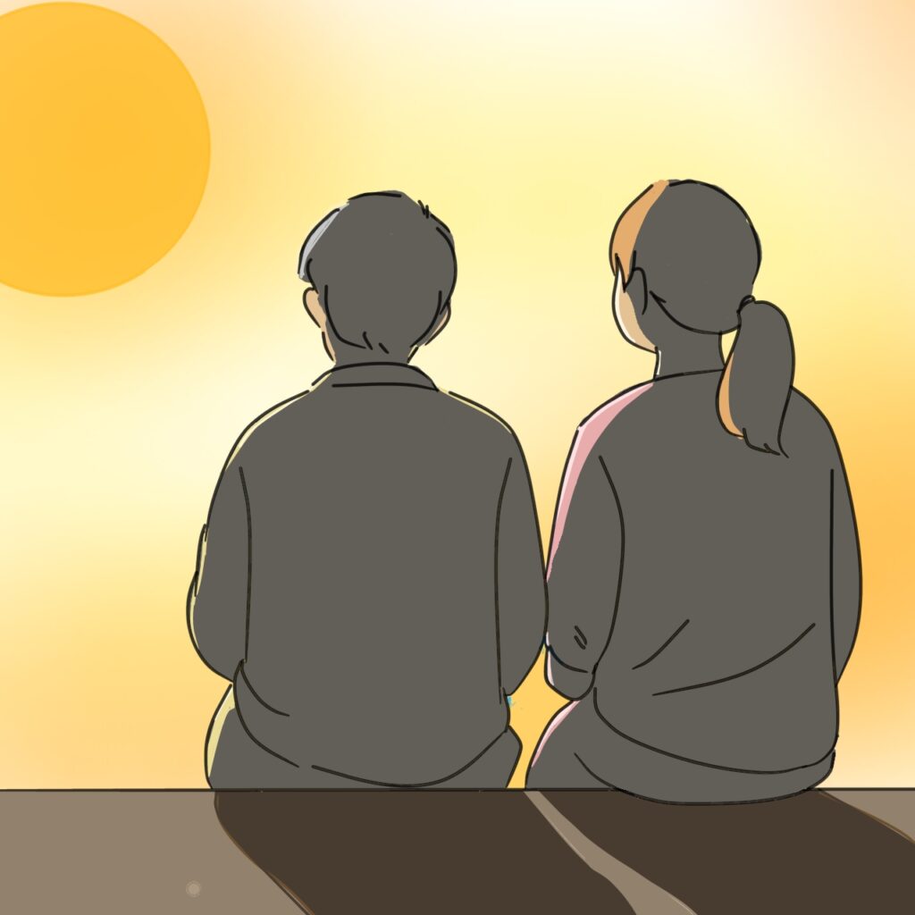 親子でゆっくり夕陽をみているイラスト
