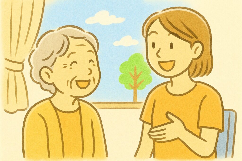 穏やかな表情の親と子が、テーブル越しに笑顔で会話している様子のイラスト。やさしく温かい家庭の雰囲気を表現。