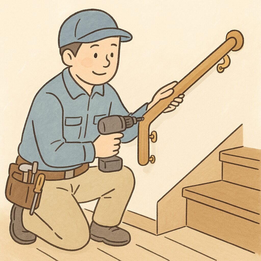 階段に手すりを付けている人のイラスト