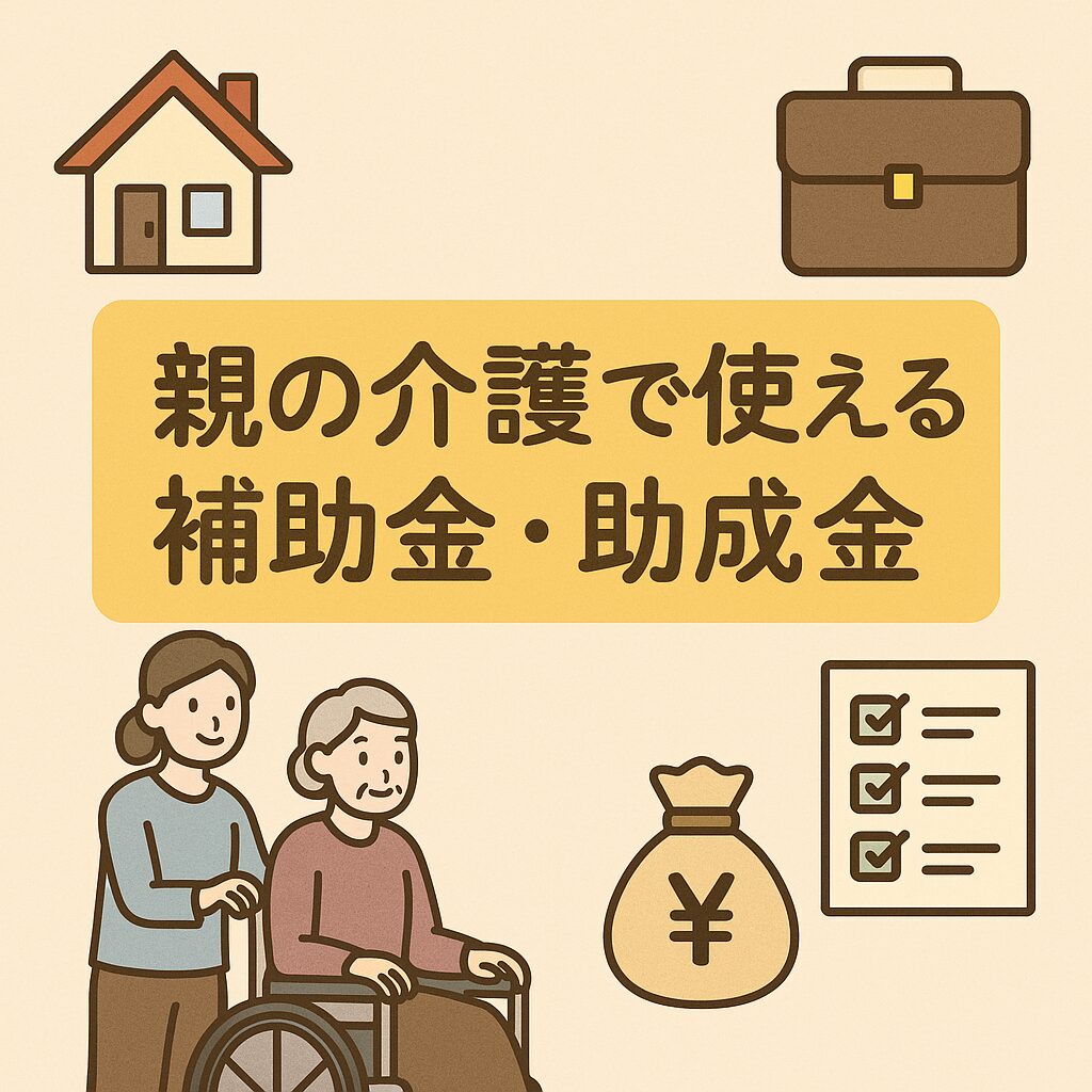 「親の介護で使える補助金・助成金」という中央テキストを囲むように、家、ビジネスバッグ、介護する人と車椅子の高齢者、チェックリスト、金袋のアイコンが配置された温かみのあるイラスト。