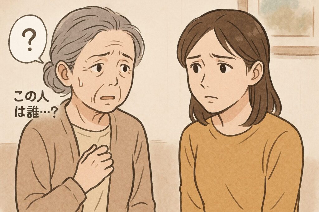 「認知症の母親が娘を見て『この人は誰…?』と混乱している様子を描いたイラスト。高齢の母親が不安げな表情で胸に手を当て、隣に座る娘が心配そうに見つめている。」
