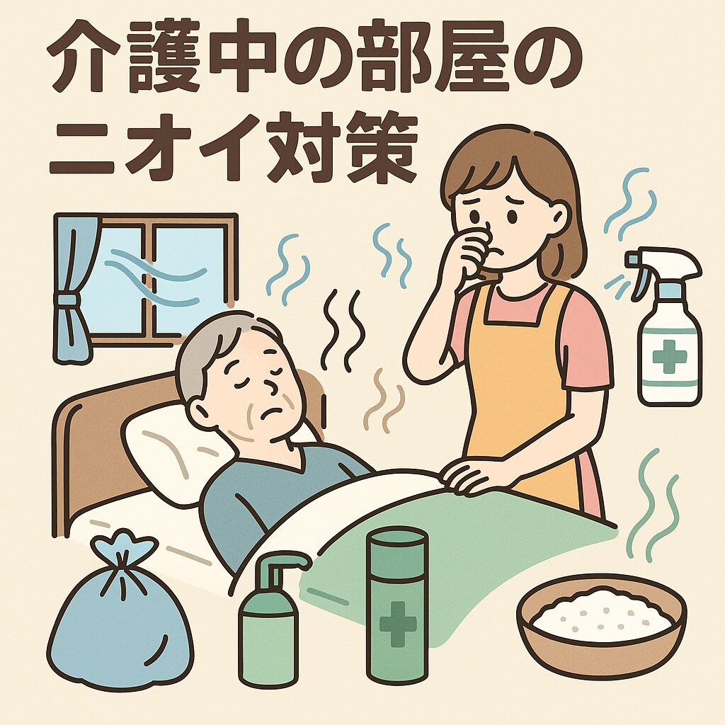 介護部屋でニオイ対策をする介護者のイラスト