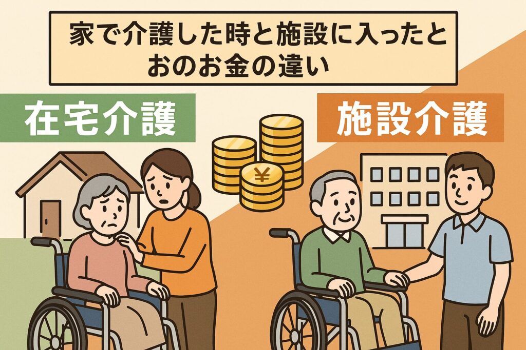 「家で介護した時と施設に入ったときのお金の違い」を説明するイラスト。左側は在宅介護の様子として、女性が高齢の母を家で介護する姿、右側は施設介護として男性職員が高齢者を施設で支援する様子。中央に金貨のイメージが描かれ、費用の違いを象徴している。