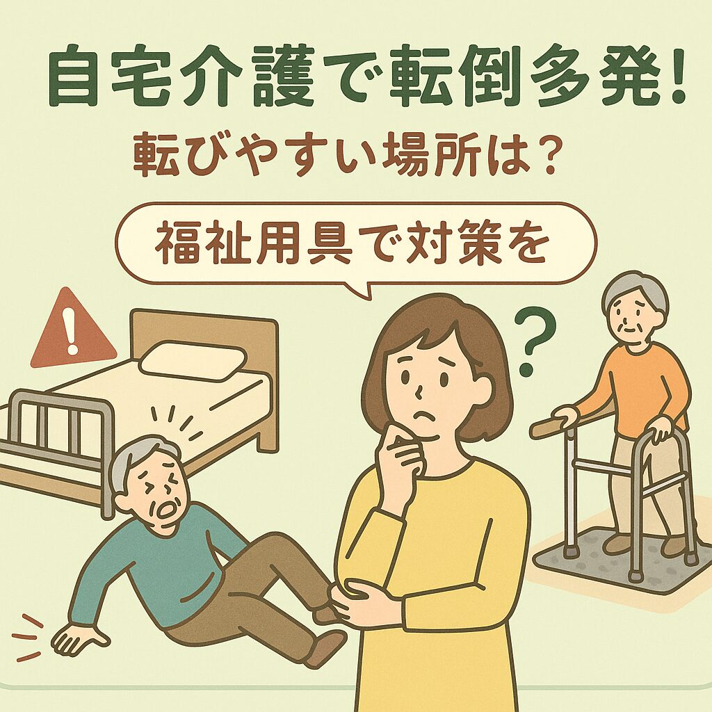 自宅介護中に転倒した高齢者と、心配そうな表情の女性、歩行器を使う高齢者が描かれたイラスト。ベッドや段差など転倒しやすい場所と、福祉用具による対策を呼びかける内容の画像。