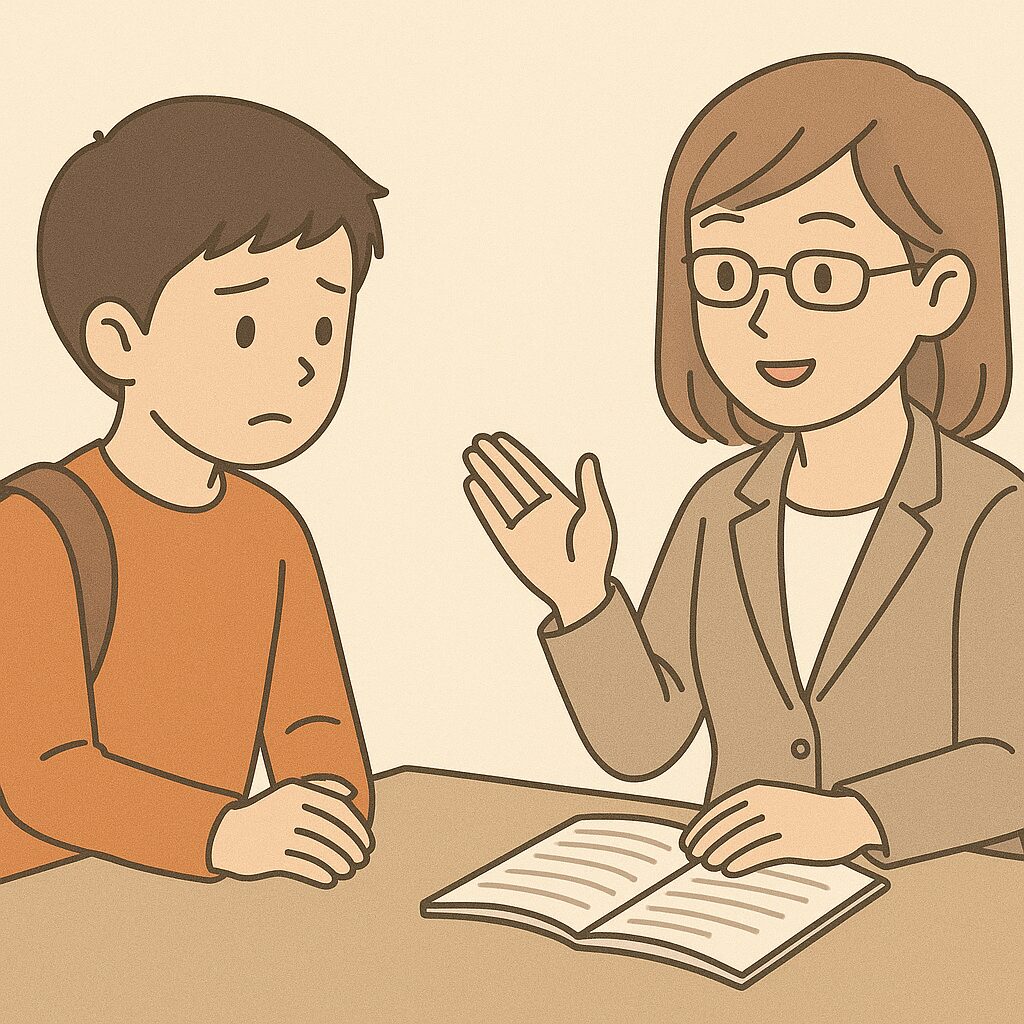 ヤングケアラーの男の子が教師に相談しているイラスト