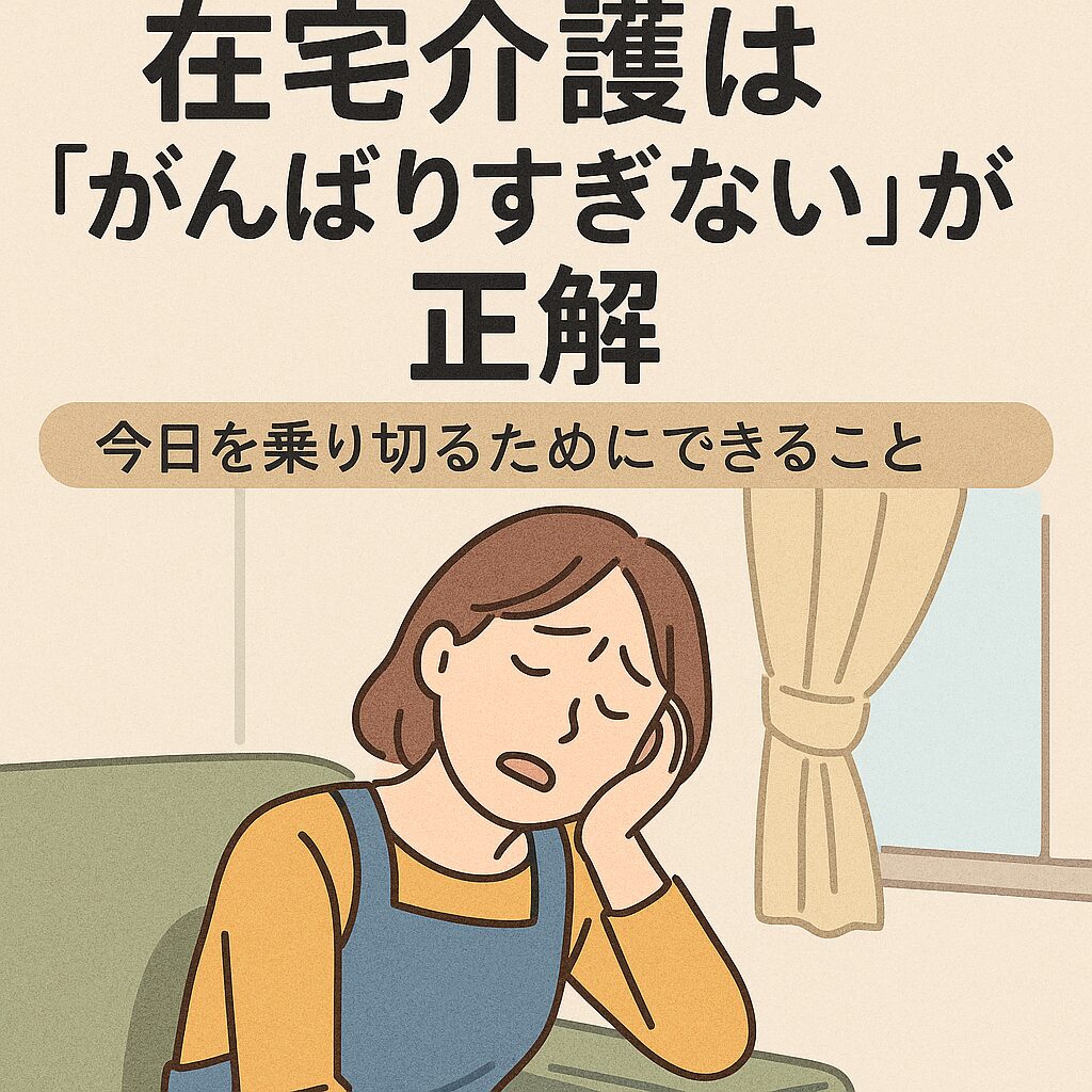 疲れた表情でソファに座る中年の女性介護者。室内にはやさしい光が差し込み、「在宅介護は『がんばりすぎない』が正解 今日を乗り切るためにできること」という文字が描かれている。