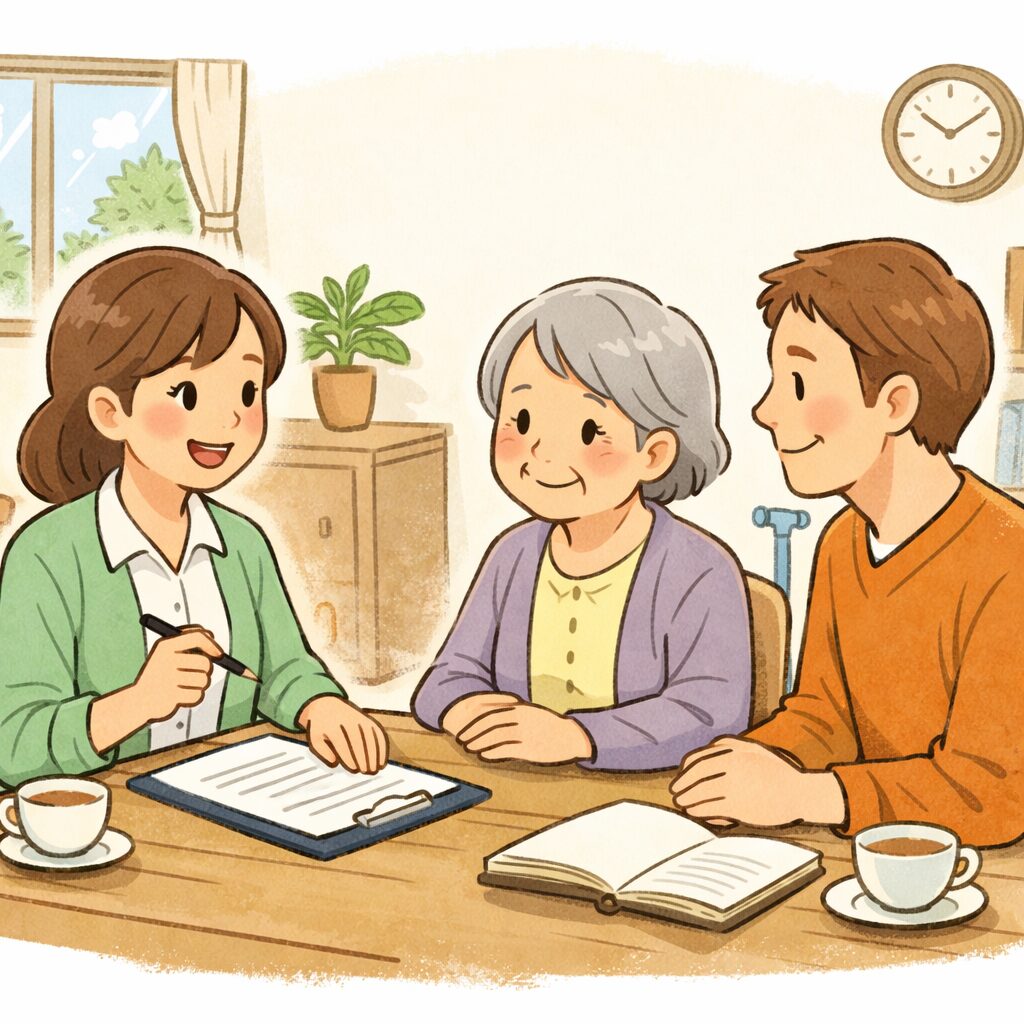 介護支援専門員が高齢女性と家族にケアプランの説明をしている温かい相談シーンのイラスト
