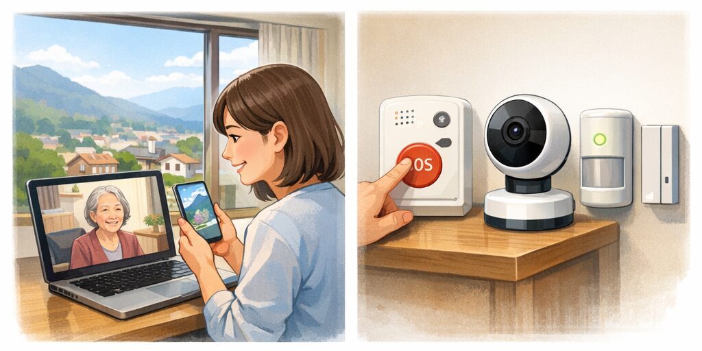 遠距離介護の見守り方法を示すイラスト