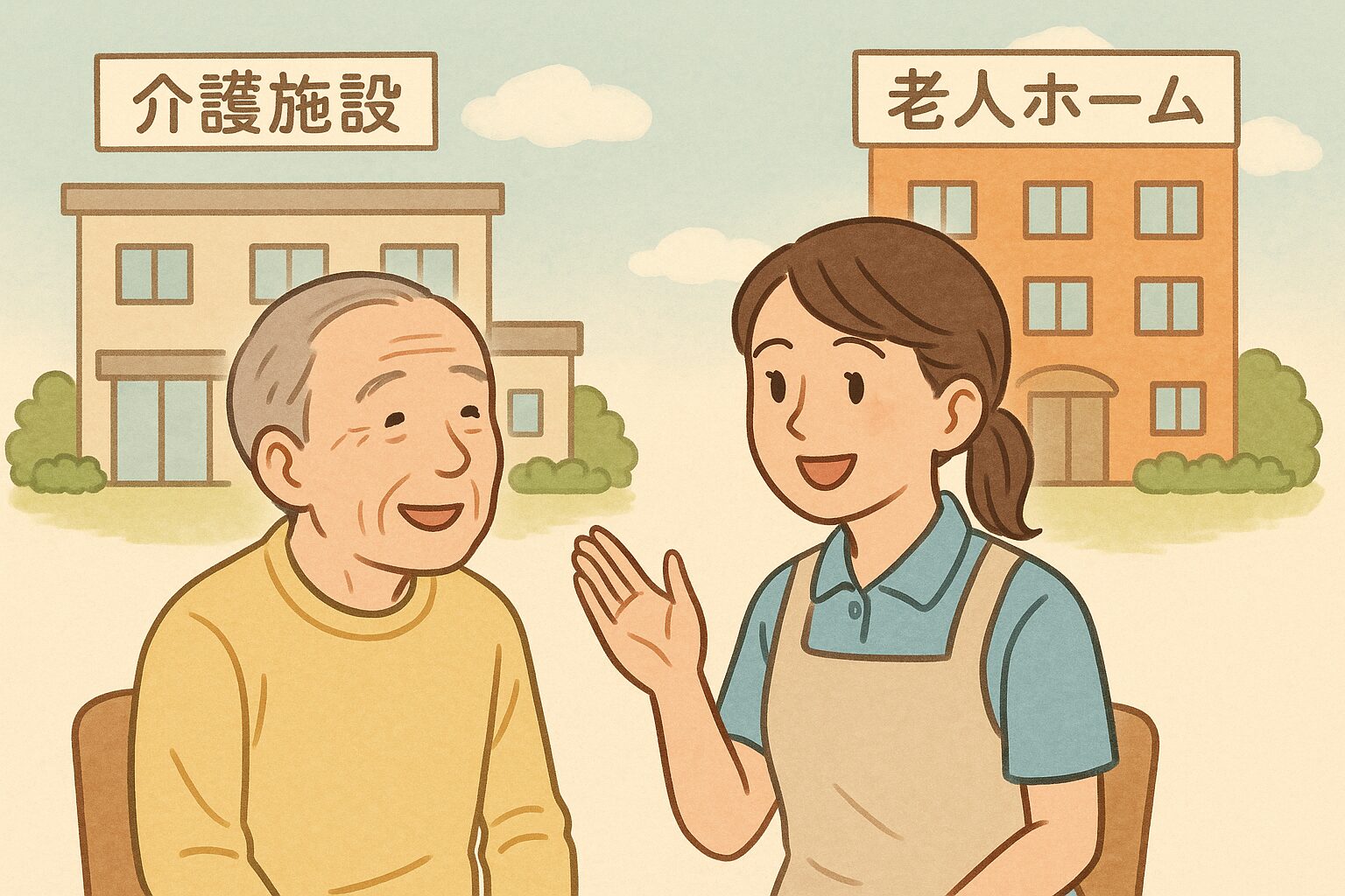 介護施設と老人ホームの前で、にこやかに会話する高齢男性と女性スタッフ。背景には「介護施設」と「老人ホーム」の看板が掲げられた建物が描かれている。暖かみのある手描き風のイラスト。