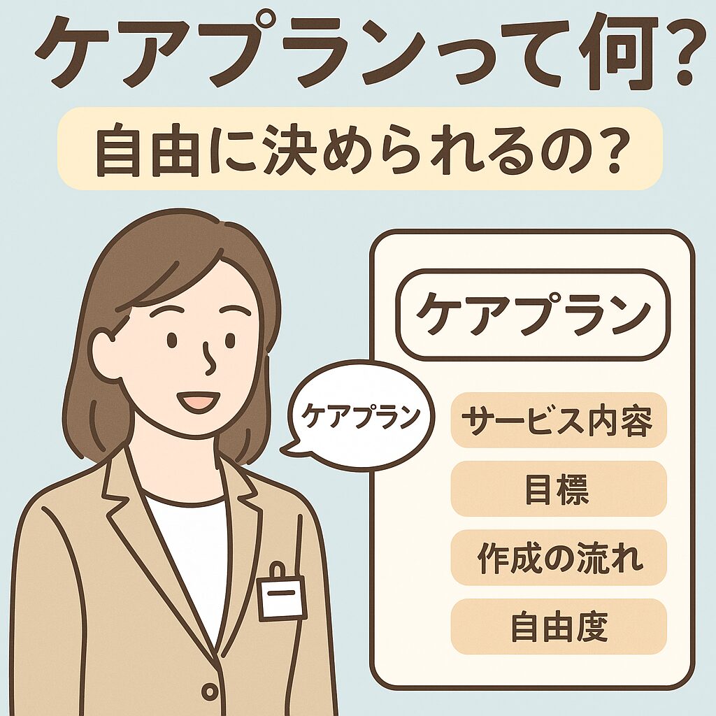 ケアプランって何？自由に決められるの？というタイトルのイラスト。女性ケアマネジャーが説明しており、ケアプランの内容、目標、作成の流れ、自由度が図解されている