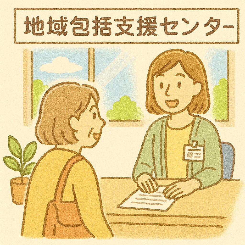 地域包括センターで親切に説明している職員女性のイラスト
