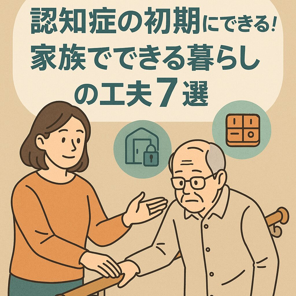 認知症の初期段階にある高齢男性を、家の中で手すりを支えながらサポートする中年女性のイラスト。背景には「認知症の初期にできる！家族でできる暮らしの工夫7選」というタイトルが書かれており、鍵のアイコンや薬のピルケースのアイコンも描かれている。やさしい色合いの手描き風イラスト。
