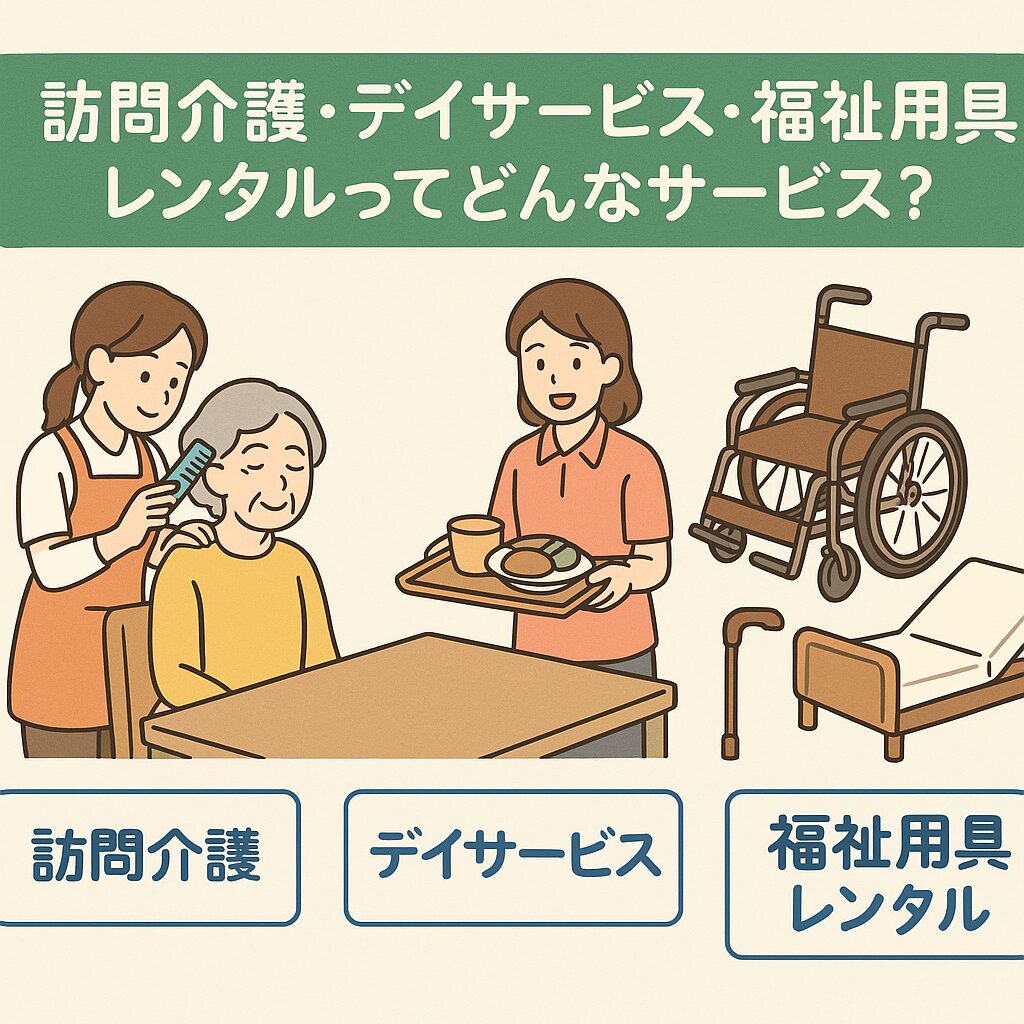 訪問介護・デイサービス・福祉用具レンタルってどんなサービス？というタイトルのイラスト。髪を整えるヘルパー、食事を運ぶ職員、車いすやベッドなど福祉用具の絵が並ぶ説明的な構成