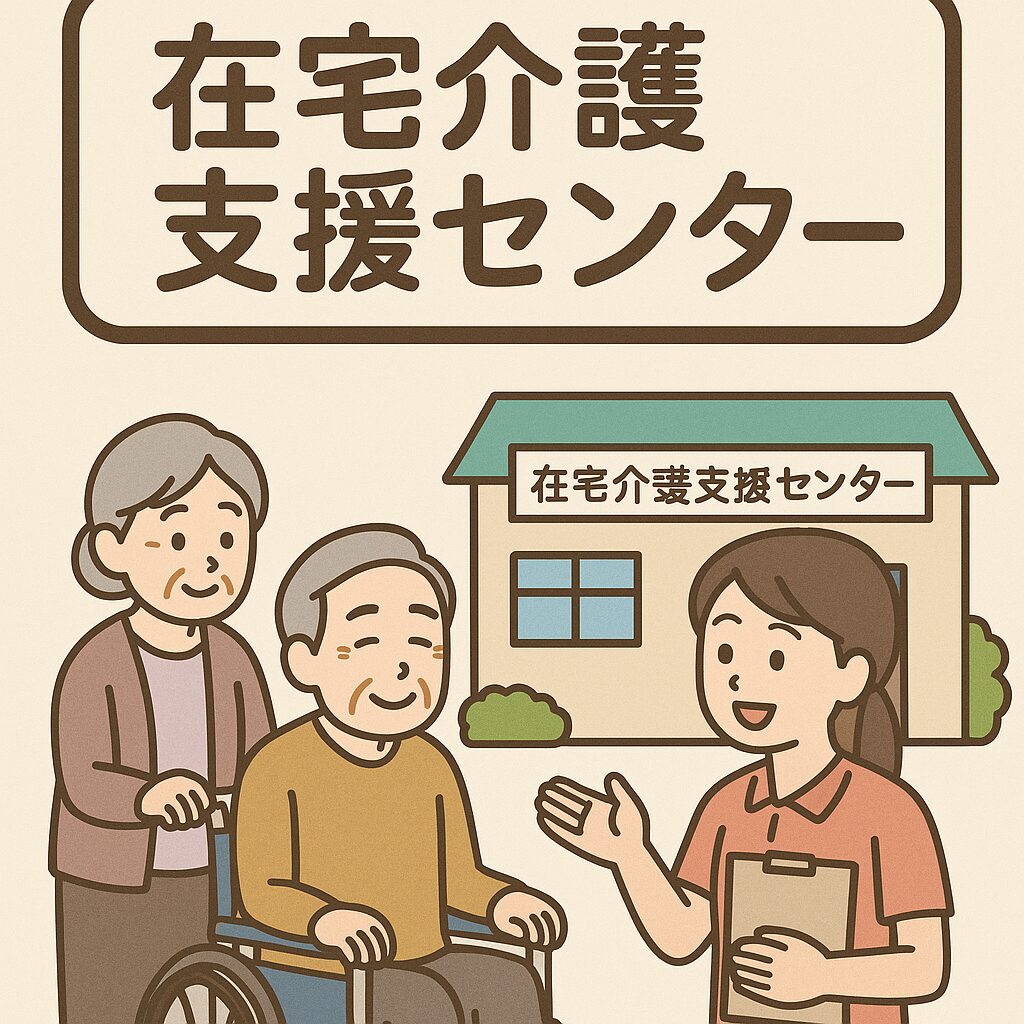 在宅介護支援センターの建物前で、車椅子の高齢男性とその妻、支援員が笑顔で話している様子を描いたイラスト。