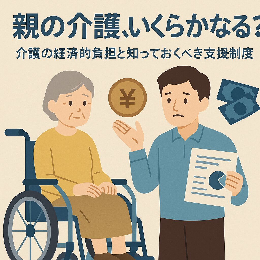 車椅子に座る高齢の女性と、介護費用に悩む男性が描かれたイラスト。中央には円マークのコインと費用グラフ、背景には紙幣のイメージがあり、「親の介護、いくらかかる？」というタイトルが目立つ構成。