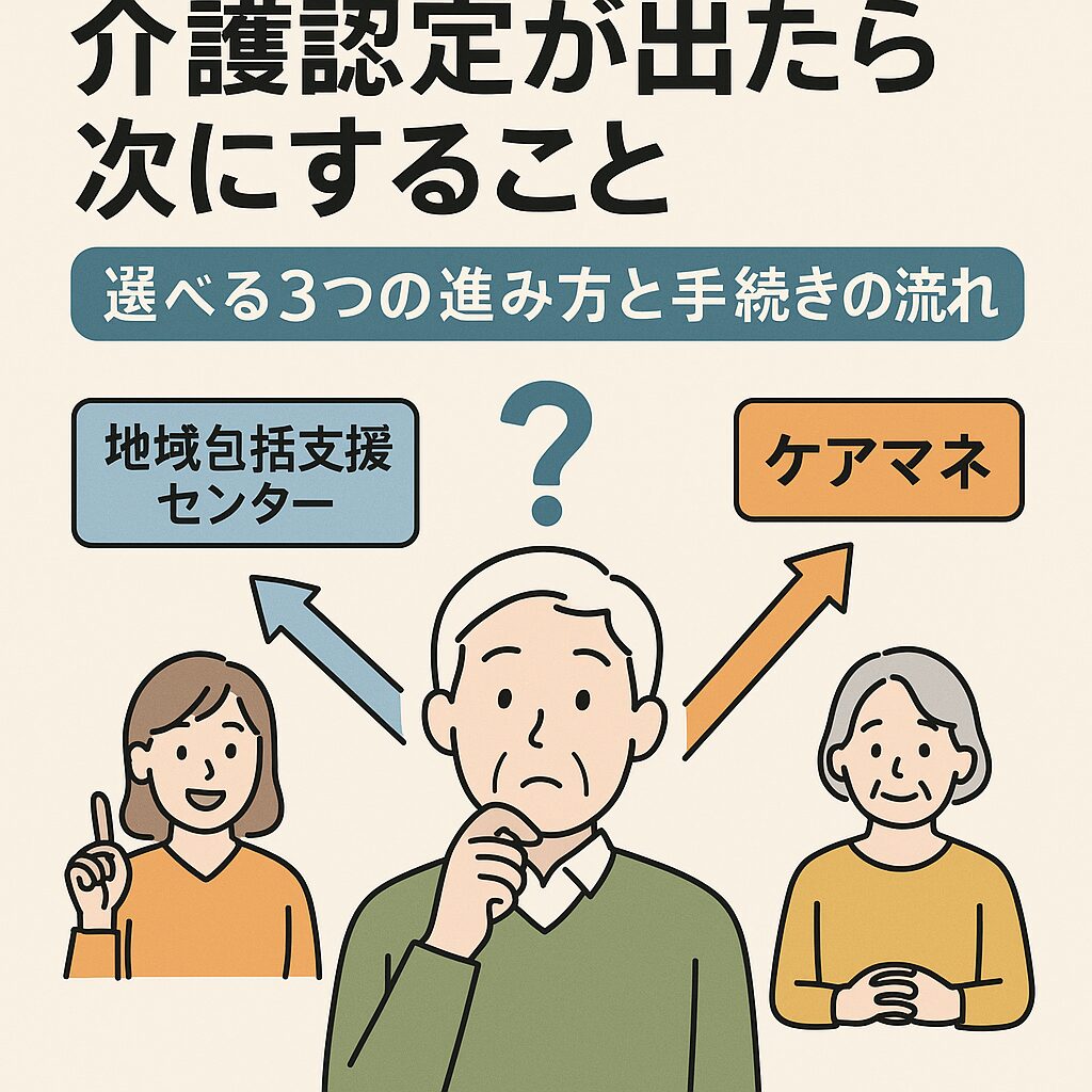 介護認定が出た後、次にすべきことを考えている高齢男性と、その選択肢として「地域包括支援センター」「ケアマネジャー」など3つの進み方を示すイラスト。選択肢の矢印と説明がわかりやすく描かれた、フラットカラーの日本語インフォグラフィック。