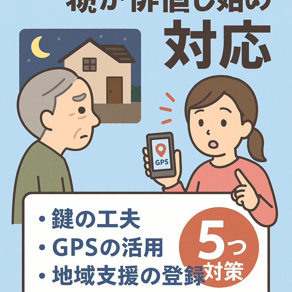 在宅介護で親の徘徊に対応するための対策をテーマにした日本語のイラスト。夜の住宅と高齢男性、GPS端末を手にした女性介護者が描かれ、「鍵の工夫」「GPSの活用」「地域支援の登録」などのポイントと「5つの対策」の文字が示されている。背景はライトブルー。
