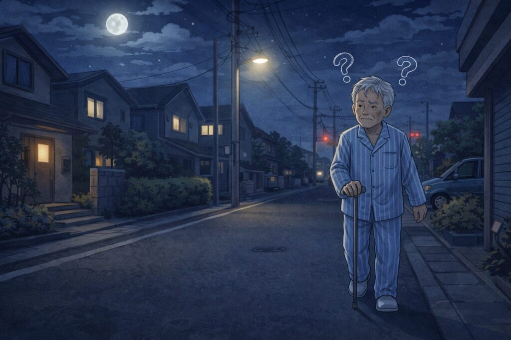 夜の街を歩く老人