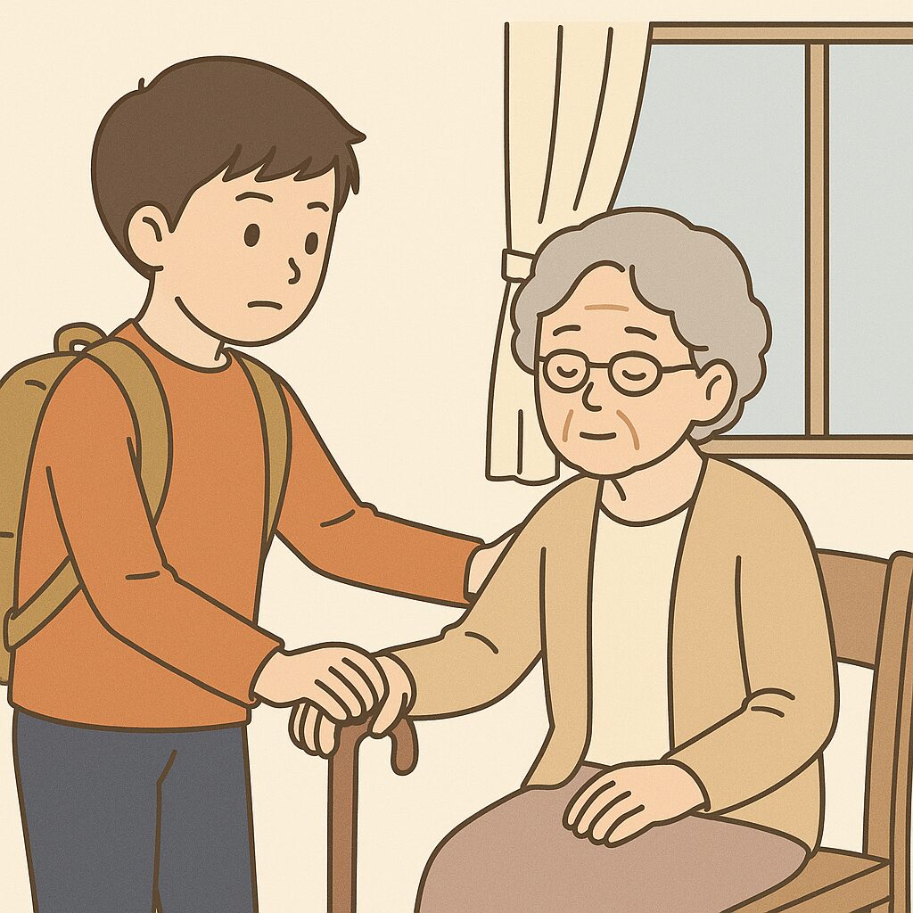 若者が介護を担う現実を表現したイラスト。悩みを抱える少年が高齢の祖母のことを介護している図
