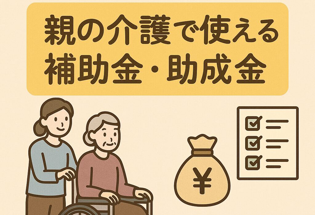 「親の介護で使える補助金・助成金」という中央テキストを囲むように、家、ビジネスバッグ、介護する人と車椅子の高齢者、チェックリスト、金袋のアイコンが配置された温かみのあるイラスト。