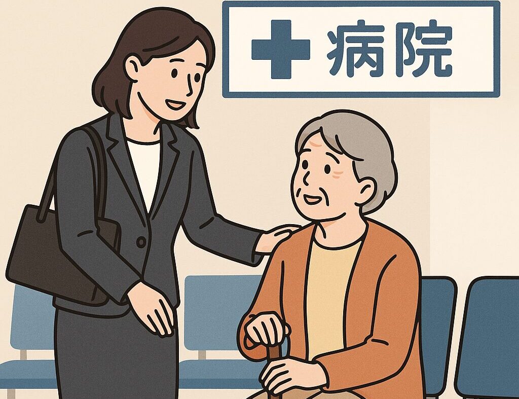 仕事と介護を両立する女性が、高齢の親と一緒に病院の待合室で過ごす様子を描いたイラスト。通院付き添いに悩む現実を表現。