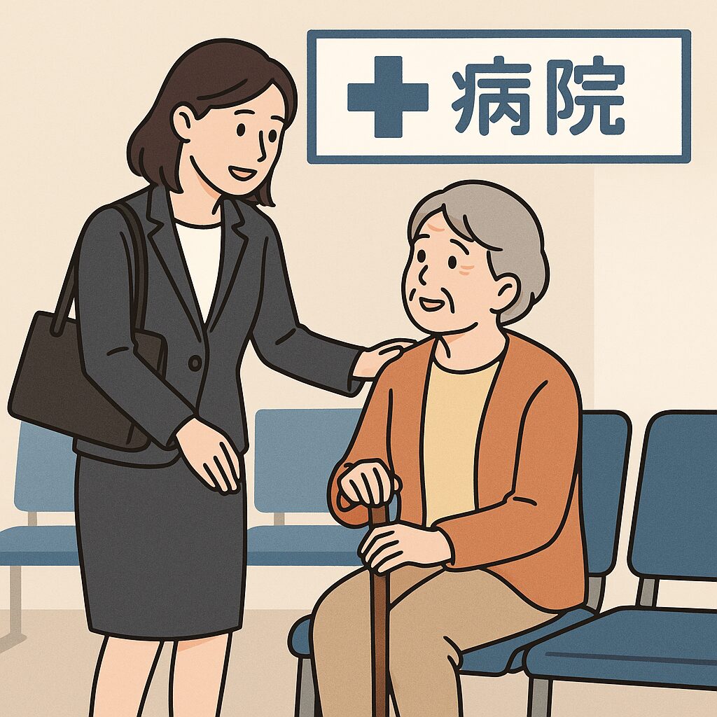 仕事と介護を両立する女性が、高齢の親と一緒に病院の待合室で過ごす様子を描いたイラスト。通院付き添いに悩む現実を表現。