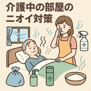 介護部屋でニオイ対策をする介護者のイラスト