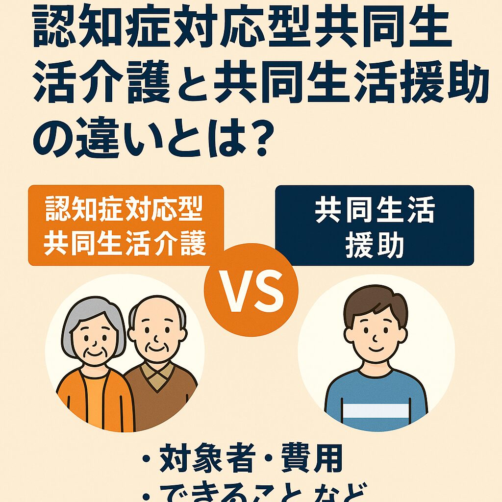 「認知症対応型共同生活介護と共同生活援助の違い」をテーマにした日本語の比較サムネイル画像。左側には高齢の男女のイラストと「認知症対応型共同生活介護」、右側には若い男性のイラストと「共同生活援助」と書かれ、中央に「VS」のマーク。下部には「対象者・費用・できること など」と説明がある。