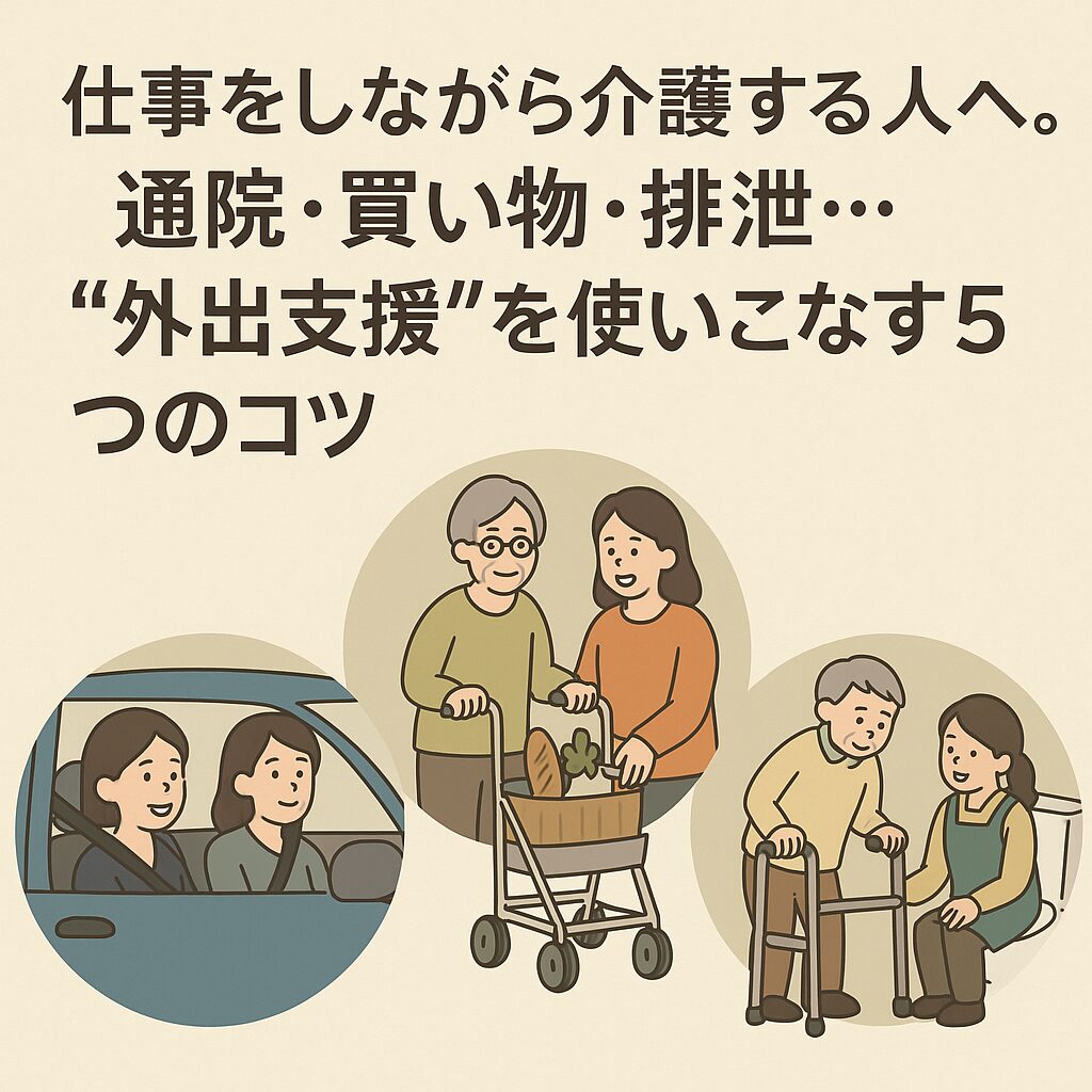 仕事をしながら介護をする人」をテーマにしたイラスト。通院付き添い、買い物支援、排泄介助を象徴する3つの場面が円形で描かれ、介護と外出支援の工夫が伝わる温かみのあるデザイン。