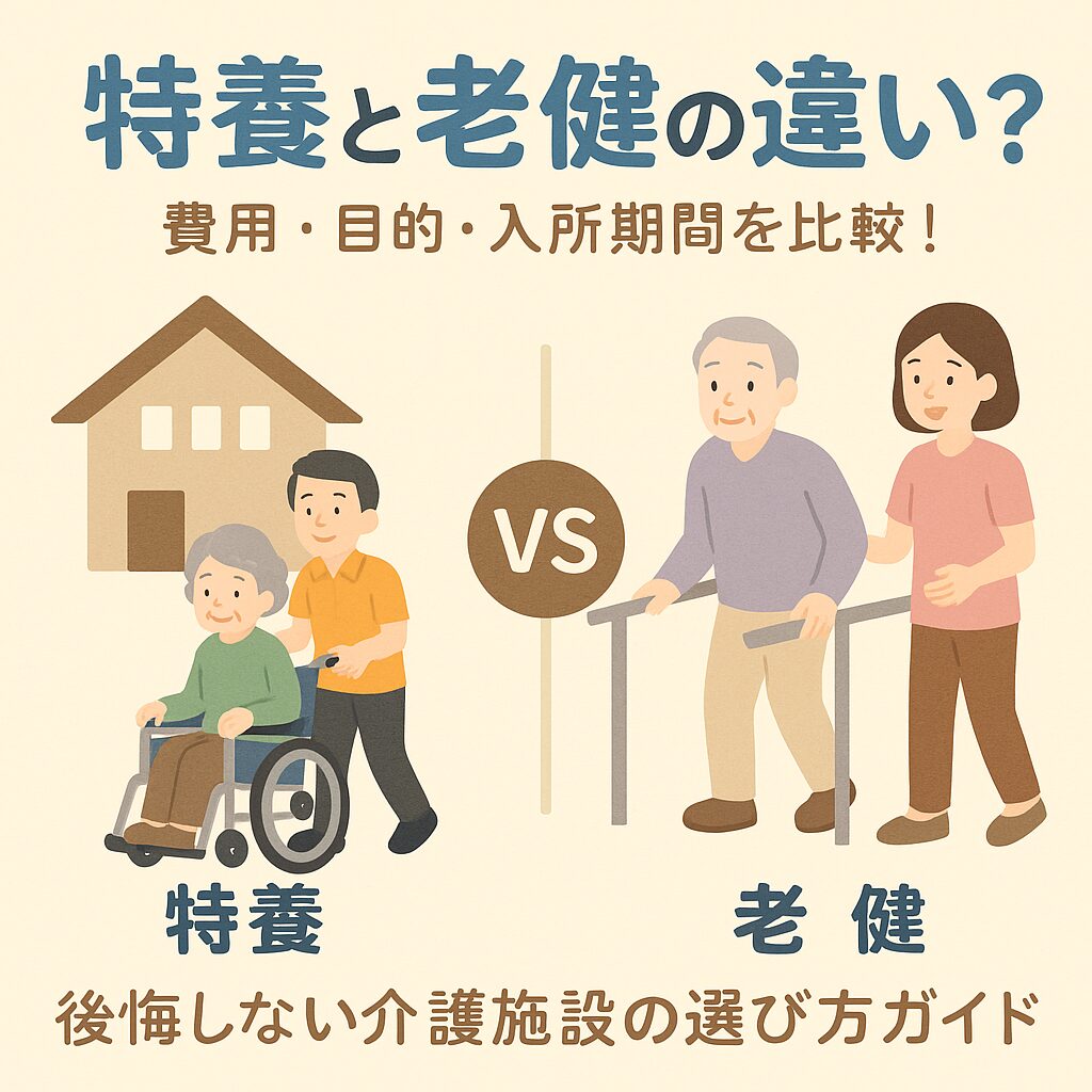 特養と老健の違いを比較したイラスト。左に車いすの高齢者と介護士（特養）、右にリハビリ中の高齢者と支援スタッフ（老健）、中央に「VS」の文字が描かれている。費用・目的・入所期間の比較ガイドの文字入り。