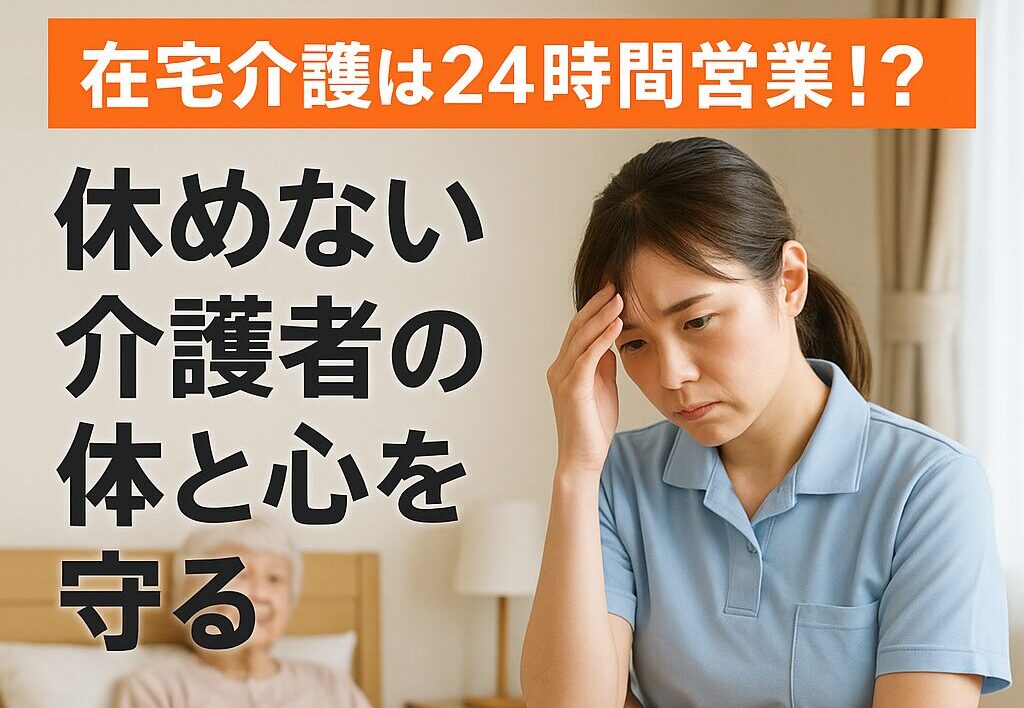 在宅介護は24時間営業！？休めない介護者の体と心を守る5つの工夫」という文字とともに、ベッドに座る高齢女性と、頭を抱えて疲れた表情を見せる介護中の若い女性の姿