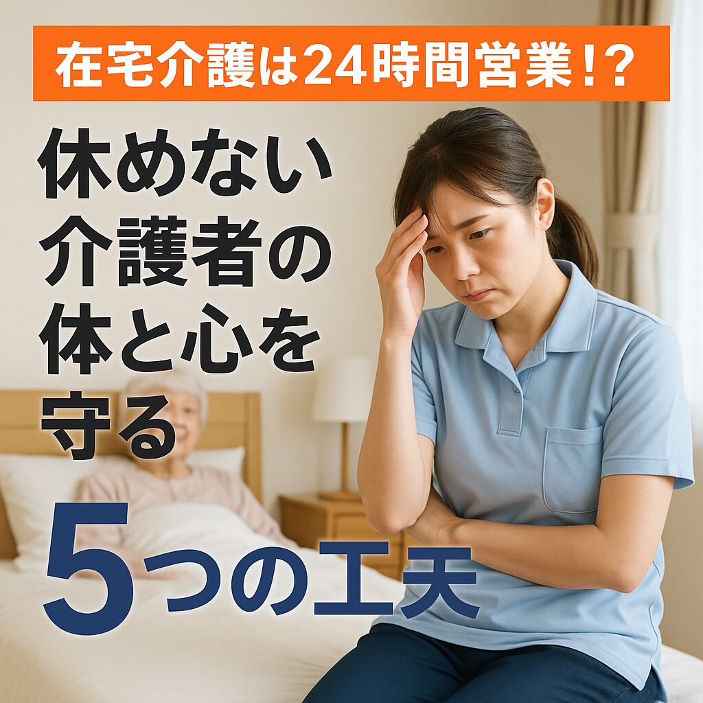 在宅介護は24時間営業！？休めない介護者の体と心を守る5つの工夫」という文字とともに、ベッドに座る高齢女性と、頭を抱えて疲れた表情を見せる介護中の若い女性の姿