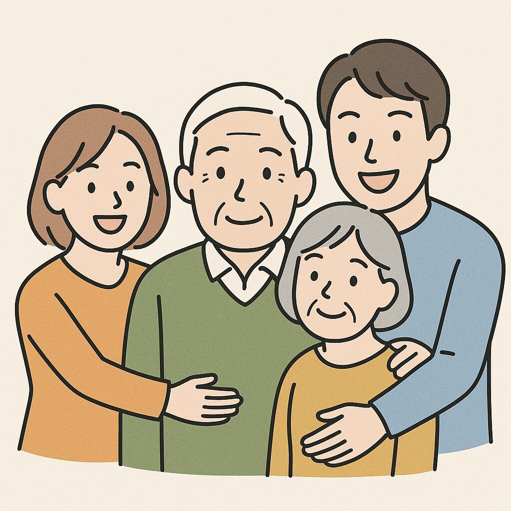 両親と子供たちで家族仲良く過ごしているイラスト