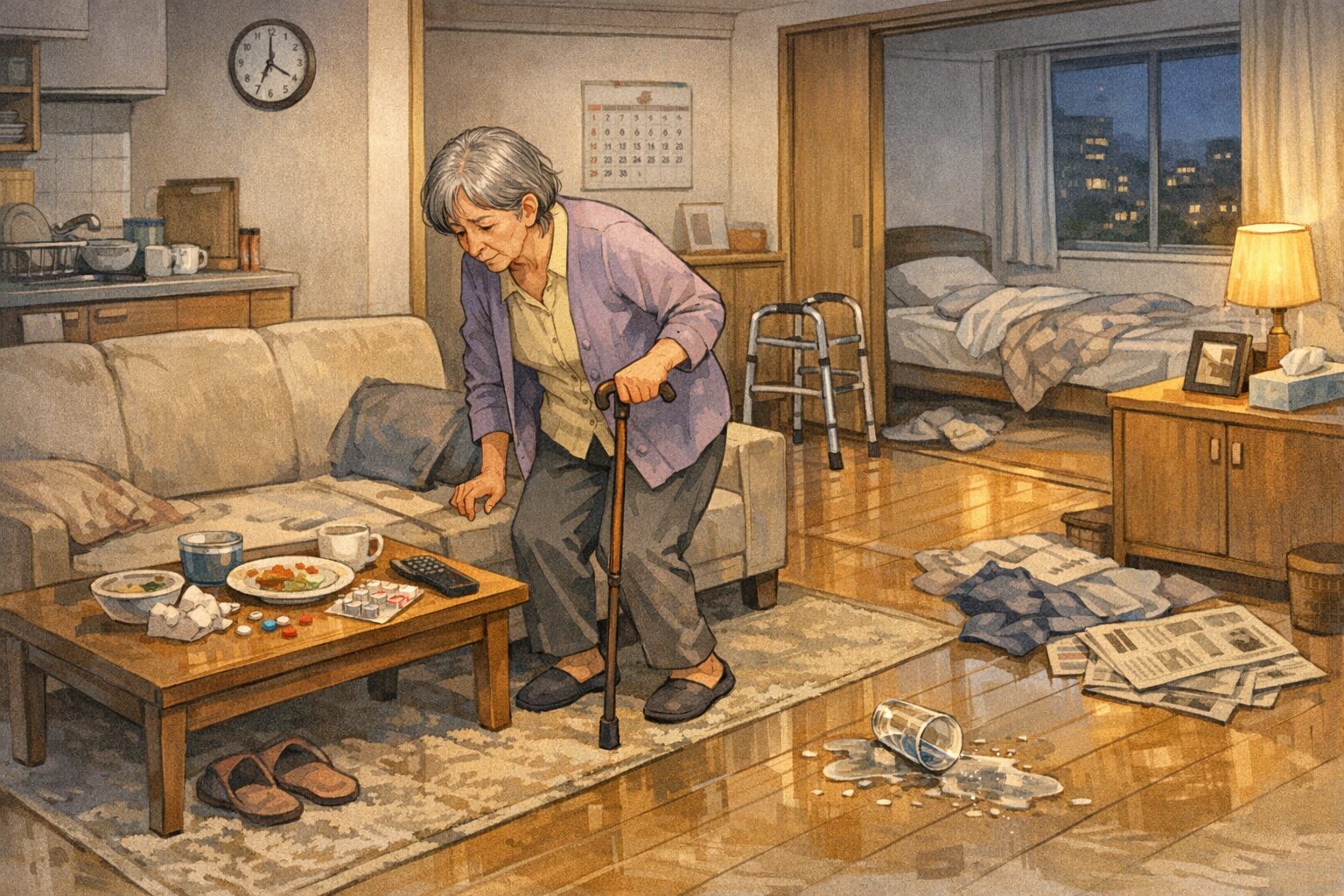 一人暮らしの老人と散らかった部屋