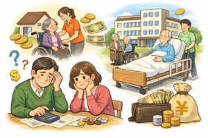 家族の心配と介護の費用のイラスト