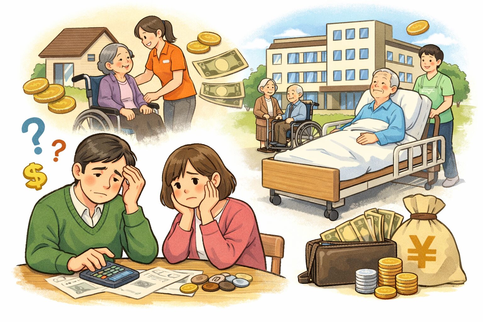 家族の心配と介護の費用のイラスト