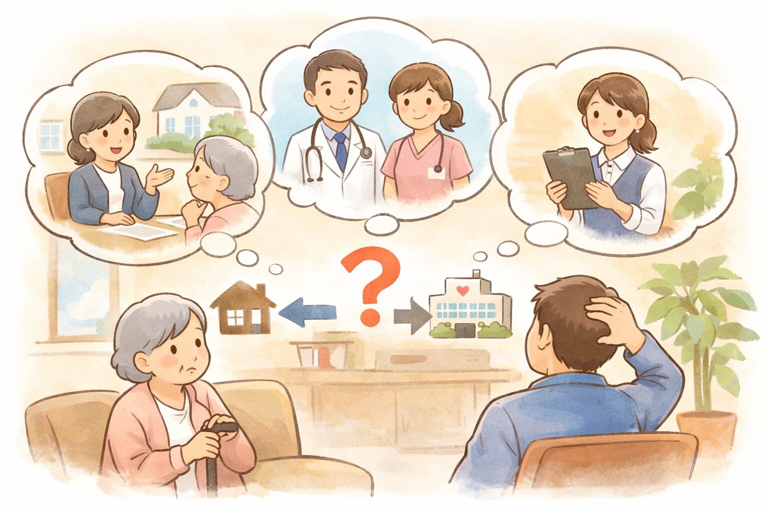 退院後の在宅介護で、どこに相談すればいいか迷う家族と高齢者のイメージイラスト