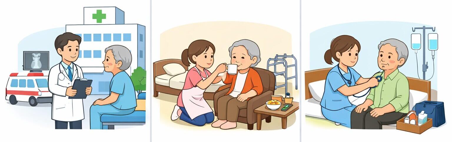 病院・訪問介護・訪問看護の違いを表したイラスト（医師の診察・自宅での介護・訪問看護の様子）