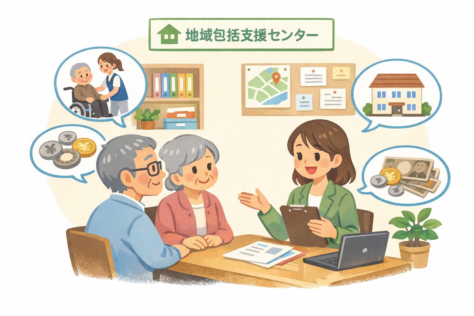 地域包括支援センターで相談員と高齢夫婦が介護や費用について話しているシンプルなイラスト