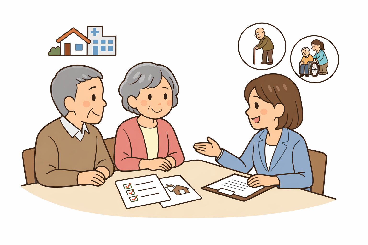 地域包括支援センターで相談員が高齢夫婦の相談に対応しているシンプルなイラスト