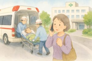 高齢の親が救急車で病院へ搬送される様子