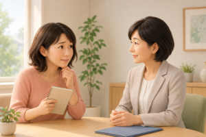 相談をためらう家族と、穏やかに話を聞くケアマネさん