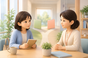 ケアマネジャーとの関係について相談する家族のイラスト