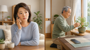 娘は心配しているけれど、お父さまは携帯を置いたまま植物のお世話をしていた