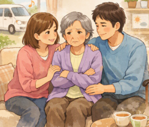 ソファに座る高齢の母親を、両隣で娘と息子がやさしく寄り添いながら話しかけているイラスト。母親は少し不安そうな表情で腕を組み、家族が穏やかに励ましている。背景には窓の外にデイサービスの車が見える、温かい雰囲気の室内。