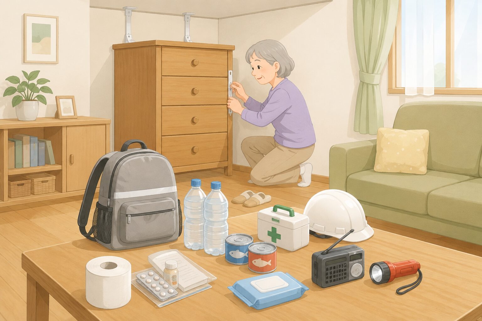 高齢女性と防災用品の備え