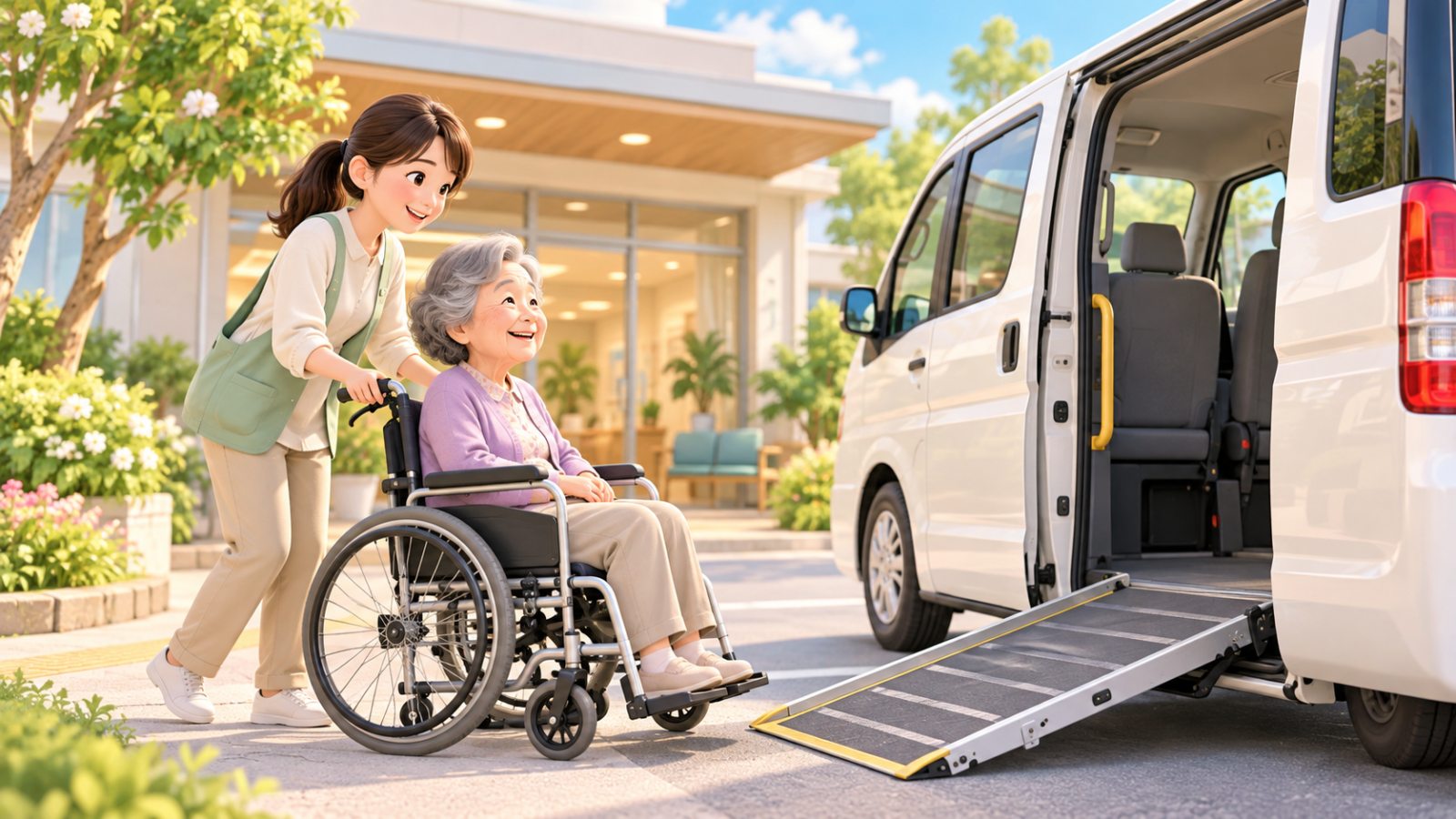 車椅子の高齢女性が介助を受け、スロープ付きの福祉車両に乗ろうとしているイラスト