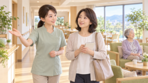 介護施設を見学するご家族と、案内する女性スタッフ