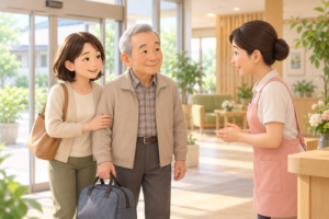 親御さんが宿泊用バッグを持ってショートステイへ到着し、ご家族と職員が安心して引き継ぐ場面